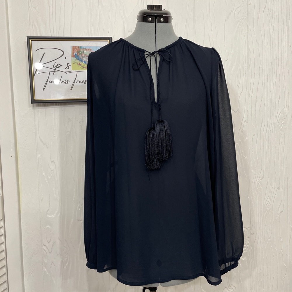 Michael Kors Women’s Size S Navy Tassel Tie Neck Tunic Long Sleeves Top Blouse